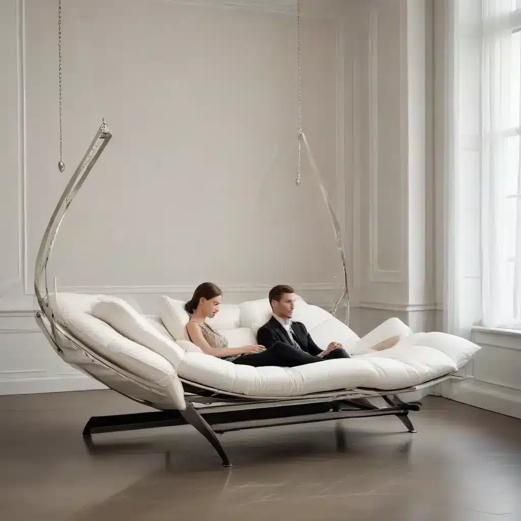 Sophisticated Couple Lounging on Suspended Chaise Longues Sophisticated Couple Lounging on Suspended Chaise Longues